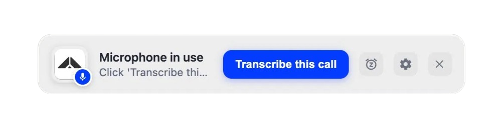 Fairwai desktop app notification: Microphone in use — Transcribe this call